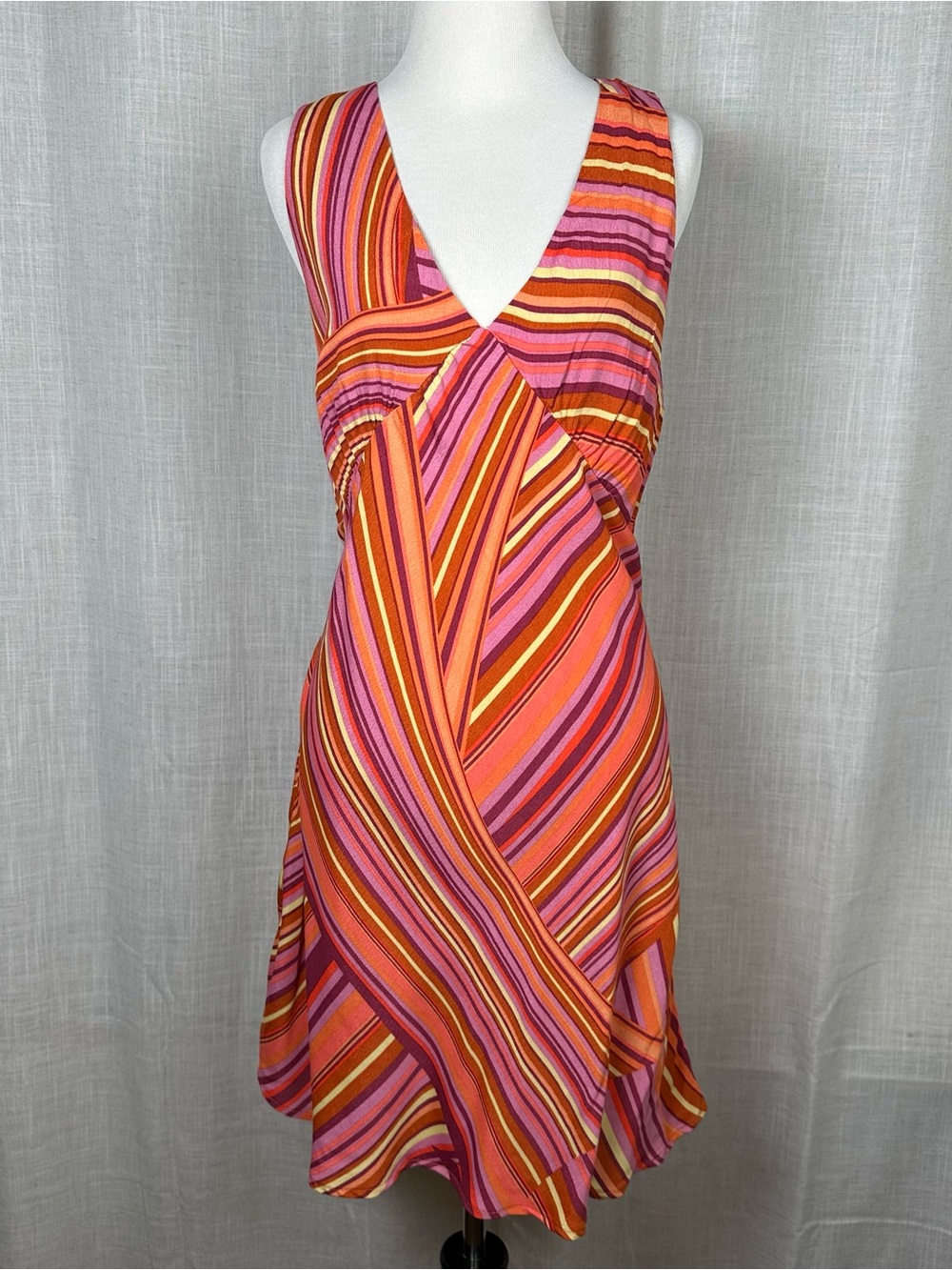 Wild‎ Fable Retro Striped Babydoll Mini Dress Size L Orange Pink Boho 70s Summer